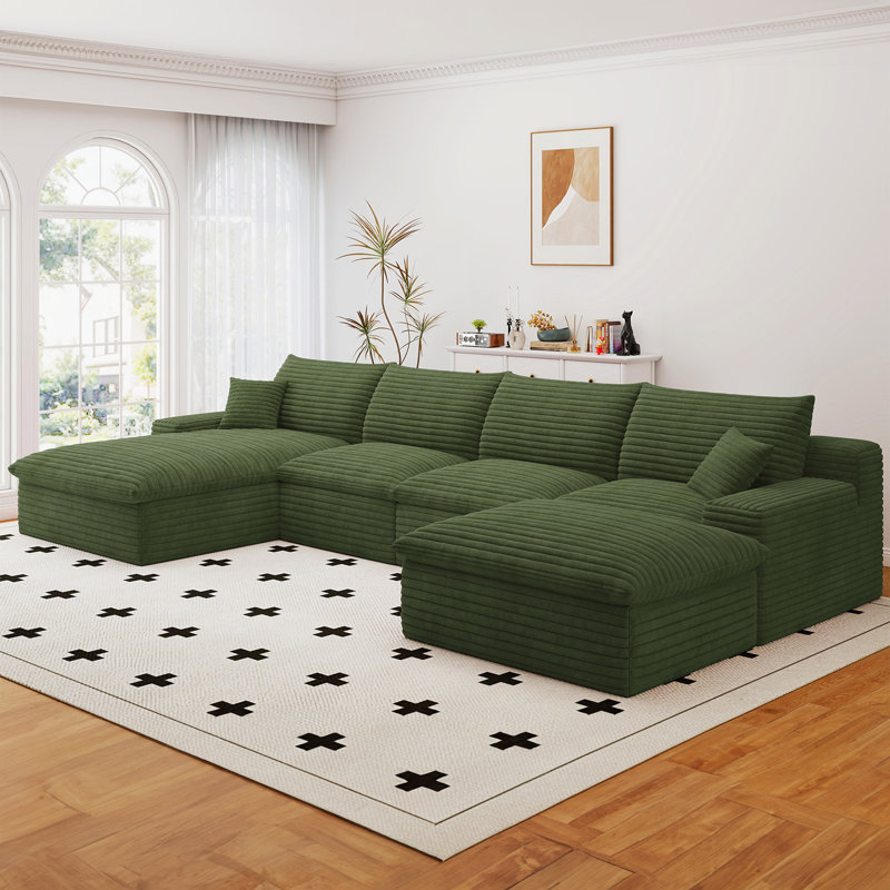 Boneless 136" U Shaped Sectional Couches, Corduroy Sectional Sofa With Reversible Storage Ottoman, 4 Seater Sofa With Throw Pillows Upholstered L-Shaped Couch For Living Room