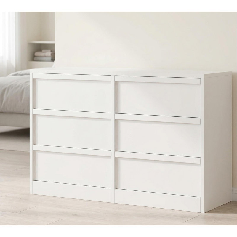 47 Inch Natural Oak 6-Drawer Wooden Dresser, Modern Wide Storage Chest of Drawers with Smooth Gliding Drawers & Anti-Tipping Device, Versatile Organizer for Bedroom, Living Room,Antique White