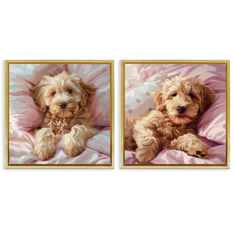  «Cuddling Labradoodle in Bed», ensemble de 2 toiles flottantes encadrées par Jim Baldwin, H 18 po x l 18 po, Or