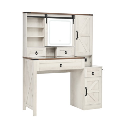 Farmhouse Vanity Desk with Sliding Mirror and Lights