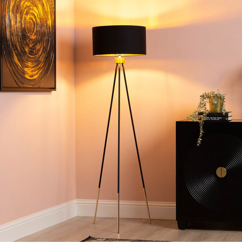 159cm Living Room Floor Lamp with Metal Base, Tripod Lamp with Linen Shade, Black, Black/Gold
