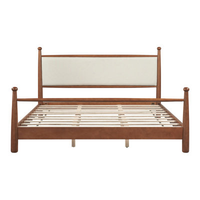 Très grand lit tapissier beige en polyester, structure en peuplier et contreplaqué, faiteaux arrondis, lattes silencieuses, pas de sommier tapissier