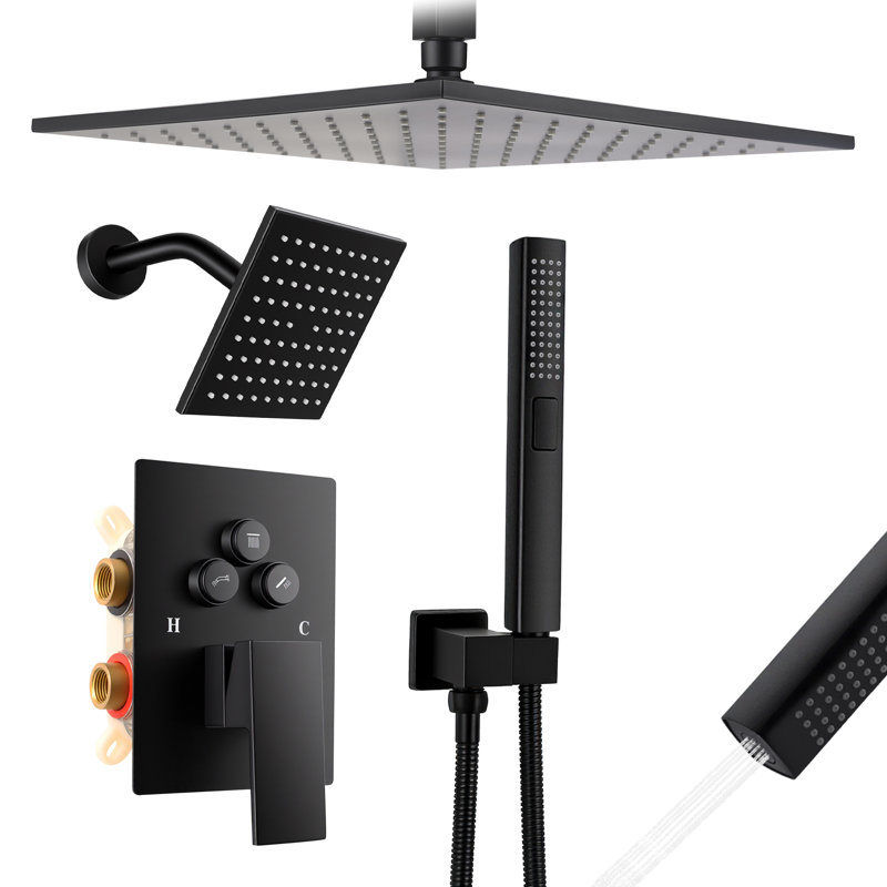 Matte Black Rain Shower System With Push Button Diverter, 2-In-1 Handheld And Dual Shower Heads, 12-Inch Ceiling Mount And 6-Inch Wall Mount High Pressure Shower Set
