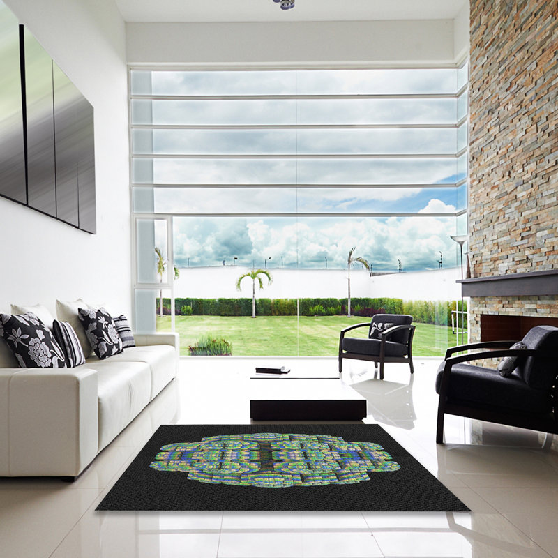 Tapis noir/vert tissé à la machine, Carré 6 pi