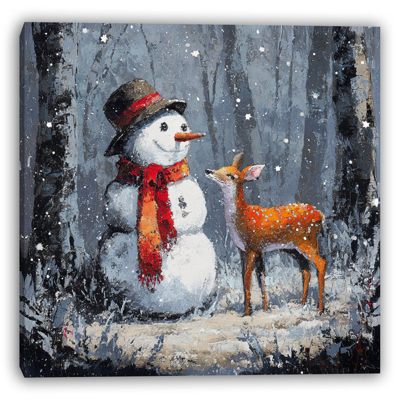 «Snowman and Fawn in Forest Snow», art mural sur toile, H 20 po x l 20 po