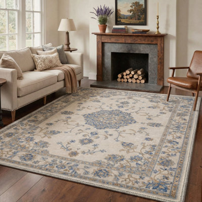 Abadou Floret Vintage Floral Medallion Machine Washable Beige / Blue Indoor Area Rug with Non-Slip Backing