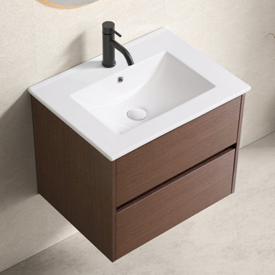 24-inch Bathroom Vanity And Porcelain Sink With Plywood Cabinet, Black + Dark Walnut Finish, American Traditional Style, 19.23" Height 24" Floating Vanity, Ceramic Vessel To Scratches, Cultured