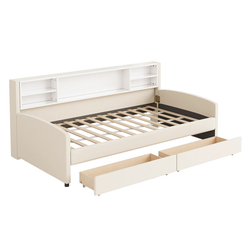 Lit de rangement simple tapissier beige - Intérieur spacieux, plateforme de taille construction avec tissu en velours doux, tête de lit confortable, tiroirs pour literie et vêtements supplémentaires