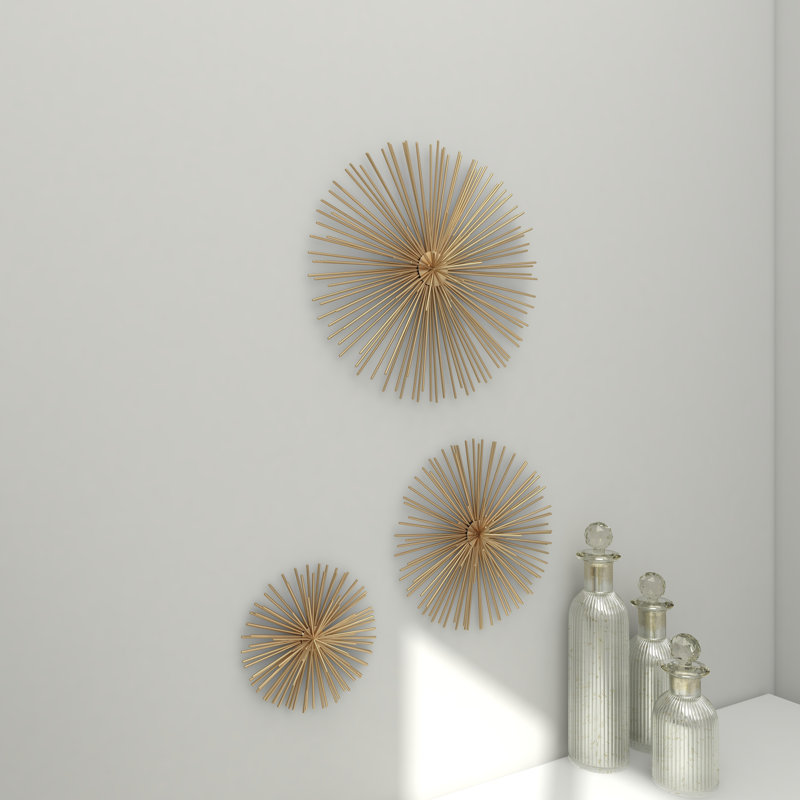 Gold Metal Starburst 3D Short Spike Home Wall Decor, Set of 3 6", 9", 12"W, Gold