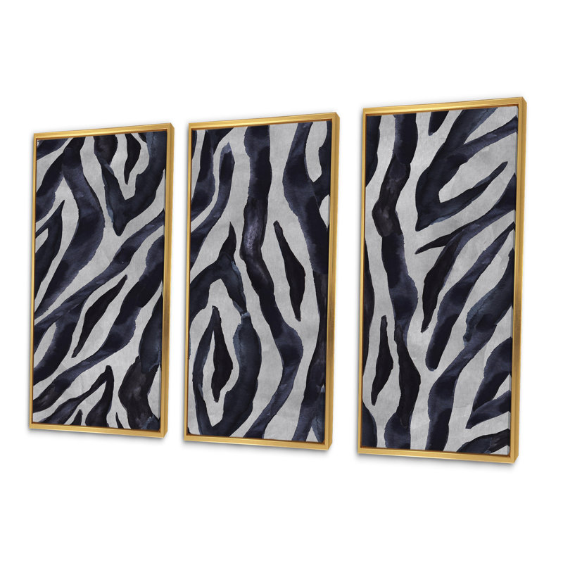 Détail de lignes de zèbre noir et blanc II - ensemble de 3 toiles encadrées encadrées, L 48 po x H 32 po x P 1 po, Or