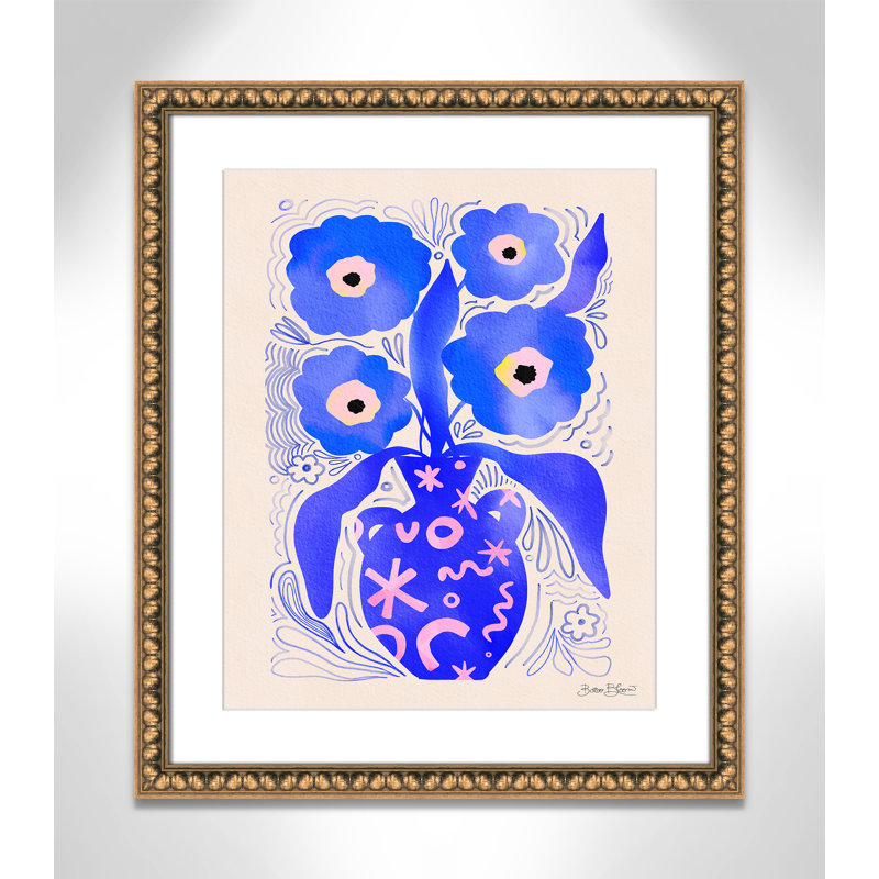 «Blue Flowers Matisse» par Bloom, L 22,5 po x H 26,5 po, Imprimé mat, Perles de feuilles dorées