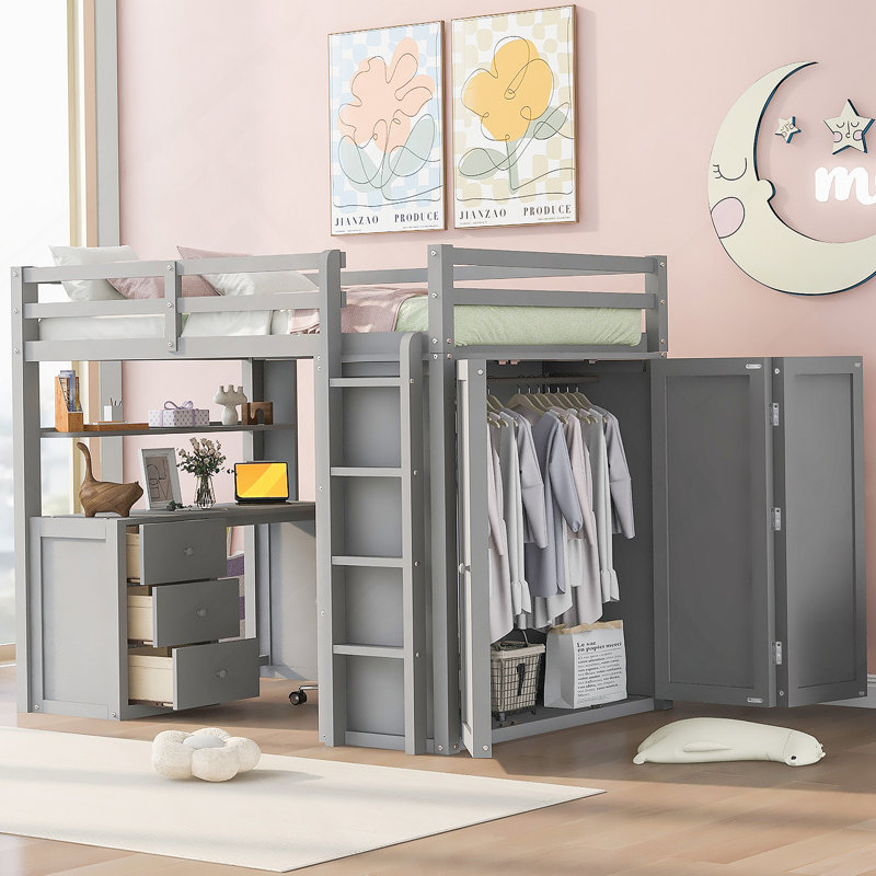 Lit mezzanine avec tiroirs, bureau et garde-robe, Gris