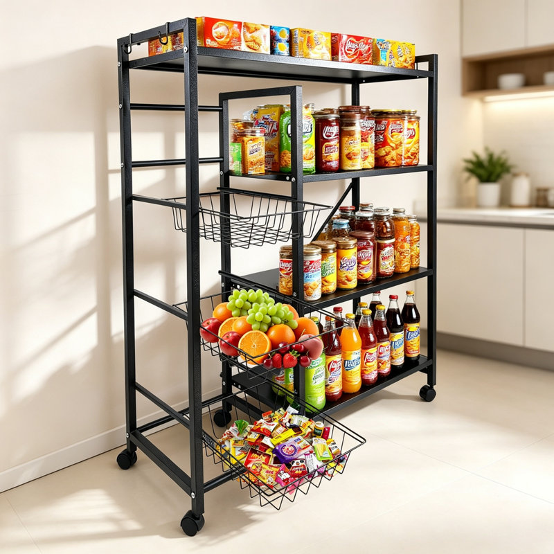 Black 3-Tier Kitchen Baker’s Rack, Heavy-Duty Storage Shelf Organizer with Sliding Mesh Baskets and 4 Hooks, Multi-Purpose Microwave Stand for Living Room & Kitchen