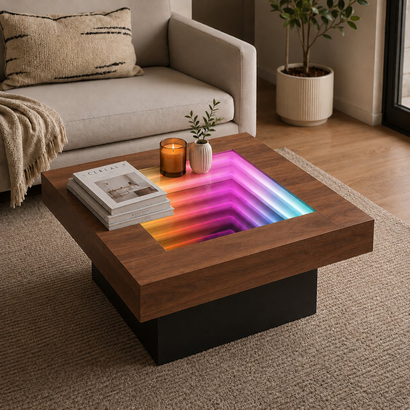 Table basse Infinity Mirror Light, H 15 po x L 31,5 po x l 31,5 po, Brun rustique, Noir