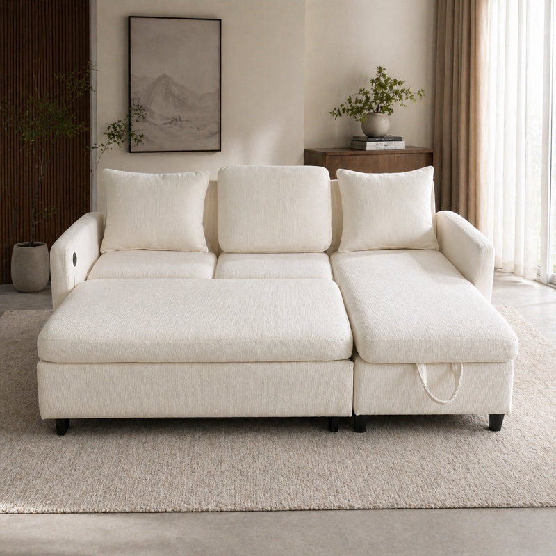 Pull Out Sleeper Sofa Bed With Reclining Backrest & Usb Ports, L-shaped 3-seater Sectional Couch With Reversible Storage Chaise For Apartment/office/living Room