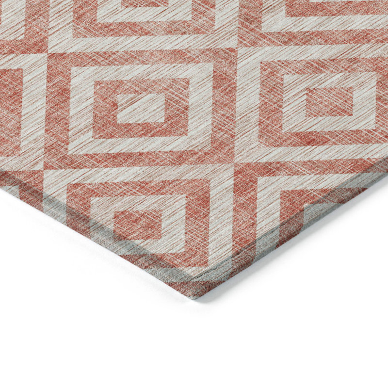 3' X 5' Salmon And Ivory Geometric Washable Indoor Outdoor Area Rug