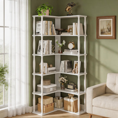Retro Style 6-Tier L-Shaped Corner Bookshelf - Heavy-Duty Solid Wood & MDF Storage For Living Room