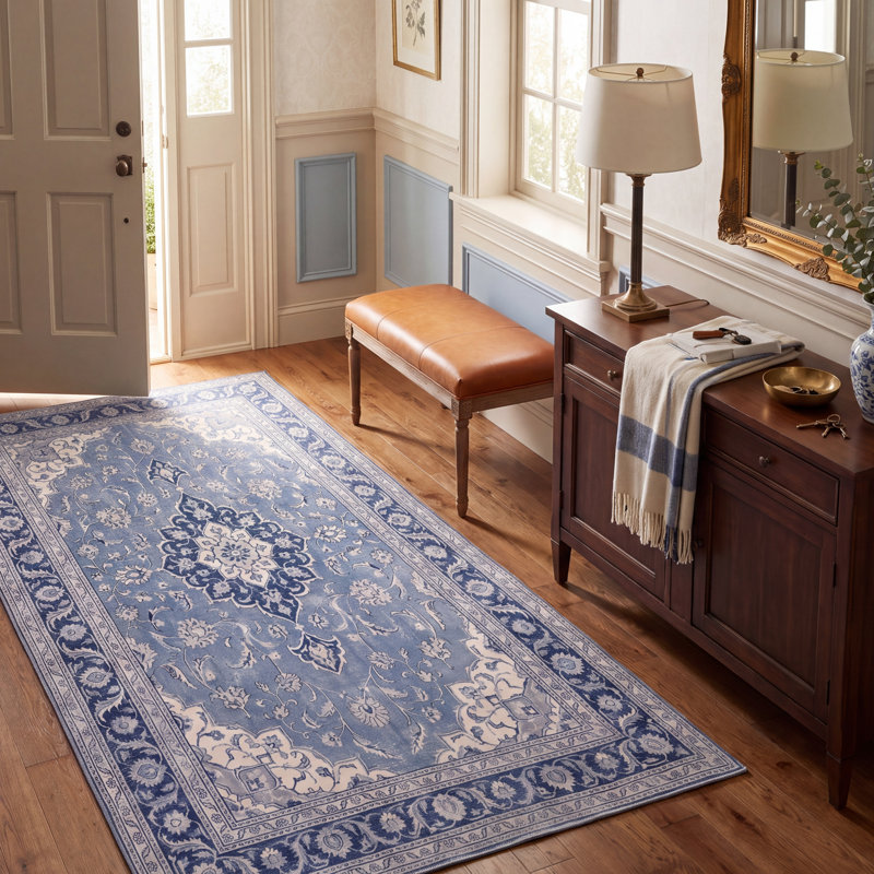 Tapis persan traditionnel à médaillon en calcaire, bleu, gris et crème, lavable à la machine, antidérapant, à poils courts, pour intérieur et extérieur, adapté aux animaux domestiques, idéal pour le salon, la chambre, la salle à manger, l'entrée, le corridor ou le bureau.