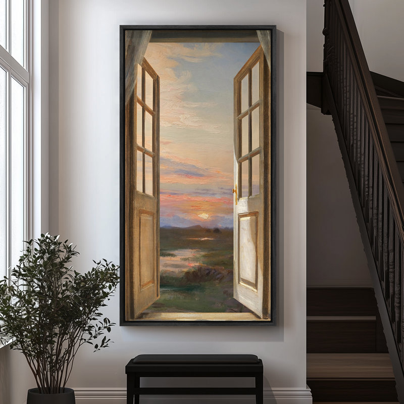 «Open Window to Sunset Scenic View», reproduction d'art sur toile encadrée, H 60 po x l 30 po x P 1,5 po, Noir