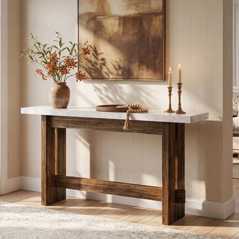 Console de 63 po en bois, table d'entrée de ferme avec plateau en faux marbre, long canapé rectangulaire derrière le canapé pour l'entrée, le couloir, le salon, l'entrée
