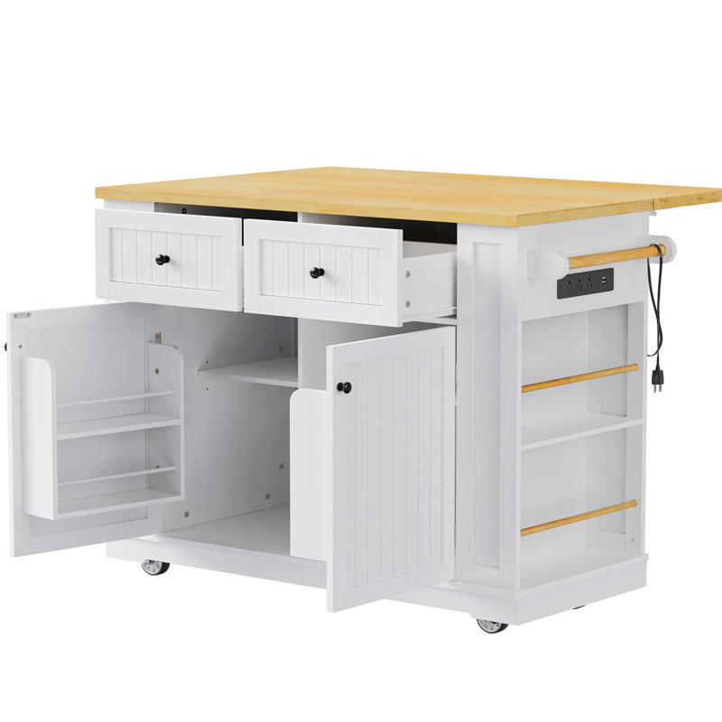 48" Modern Rolling Kitchen Island With Drop Leaf And Power Outlet, Mobile Kitchen Island With Storage Cabinets And 2 Drawers, Wooden Kitchen Cart For Kitchen, Dining Room, White(No Bar Stools)