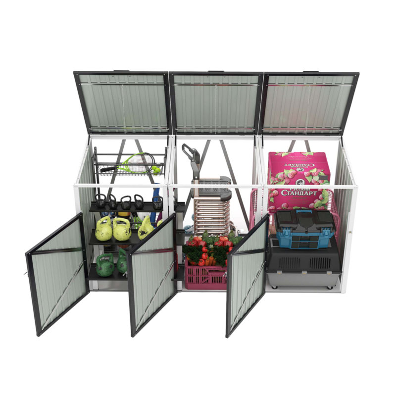 Garbage Bin Shed Stores 3 Trash Cans With Pneumatic Support Rod, Black