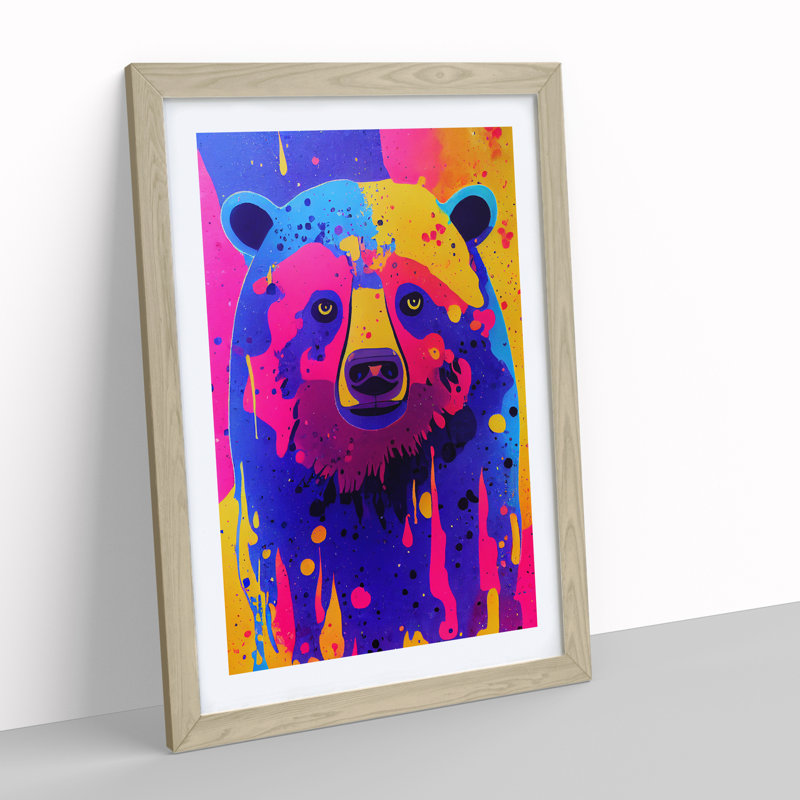 Colourful Bear No.2 - Wall Art, 48cm H x 36cm W, Oak Framed, White