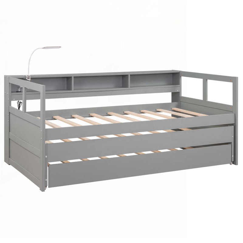 Wood Daybed with 2 Trundles, 3 Storage Cubbies, Gray