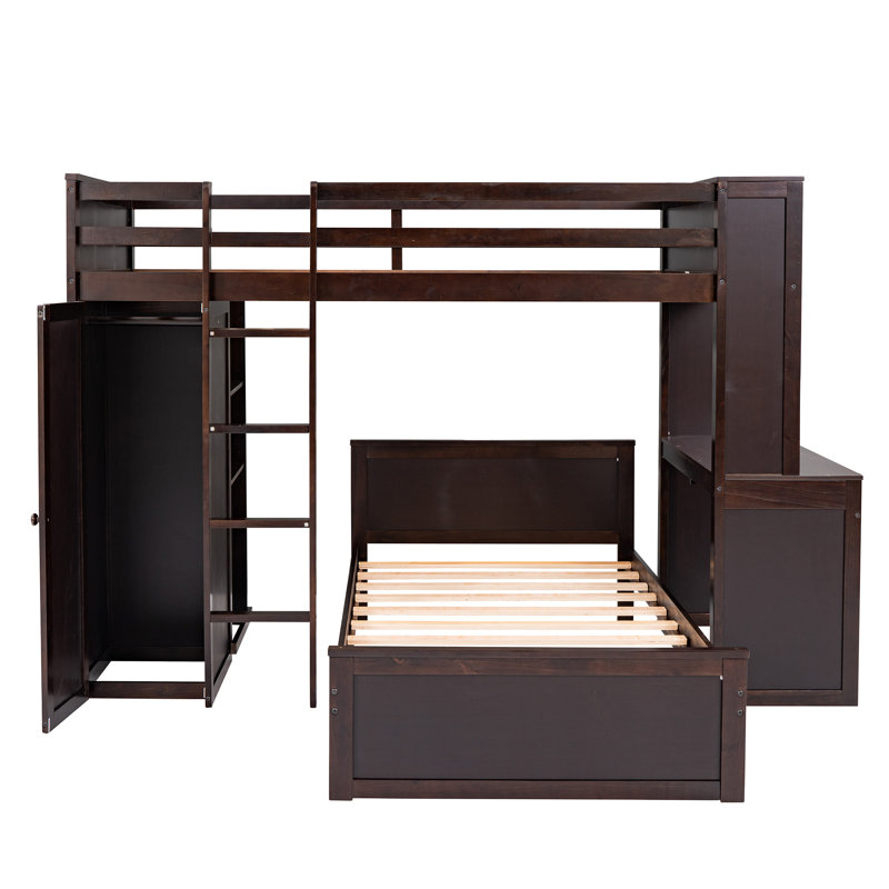 Lit mezzanine simple avec lit autonome, tablettes, bureau et garde-robe, Simple sur simple, Espresso