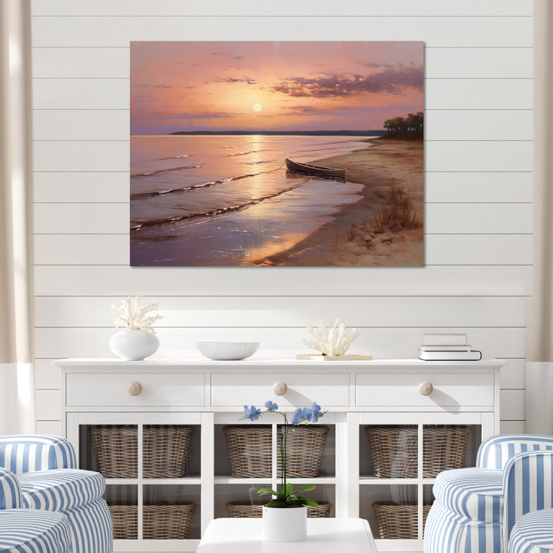 Ocean Serenity Gentle Pink Purple Beach Sunrise - Beach Wall Decor, H 24 po x l 32 po, Toile tendue