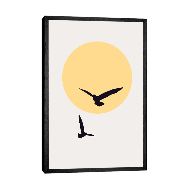 Birds In The Sky - Yellow by Kubistika - Print on Canvas, 66.04cm H x 45.72cm W x 3.81cm D, Black Floater Framed