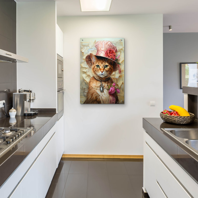 «Cute Cat With A Red Hat Baroque Style» par Momart, verre acrylique, art mural, H 36 po x l 24 po x P 0,2 po