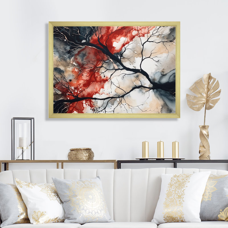 Encre liquide rouge et noire captivante - art abstrait géométrique, Cadre doré simple, H 16 po x l 32 po x P 1 po