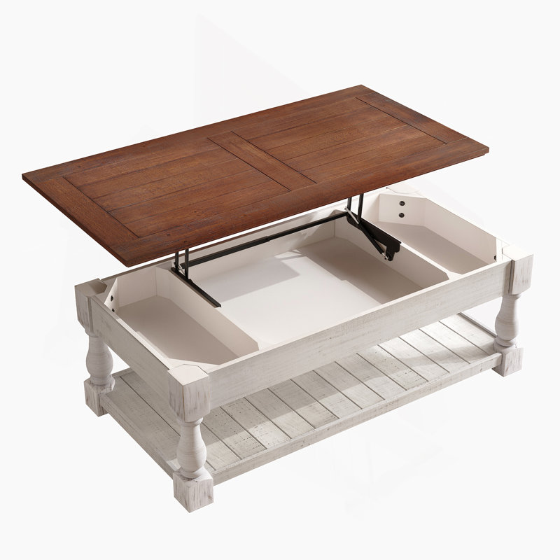 Table basse à plateau relevable rétro avec rangement pour le salon, compartiment caché et tablette inférieure et finition blanche patinée