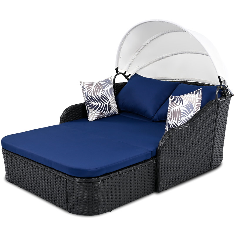 Lit double d'extérieur avec auvent réglable et boucle en corne - coussins noirs et bleus, Bleu