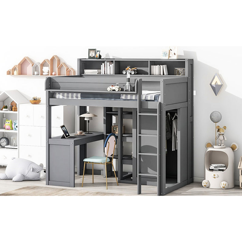Lit mezzanine simple en bois gris avec beaucoup d'options de rangement, Gris
