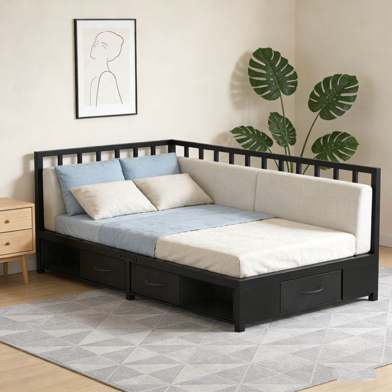 Corner Bed Frame Twin Daybed With Storage Drawers, Metal Platform Bed Frame With LED Light, Black
