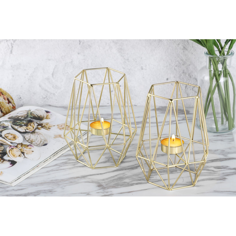 Echtwerk Teelicht Kerzenhalter Set, Geometrisches Design, Votiv Kerzenhalter, Tischdeko, 9,5 x 9,5 x 17 cm, Gold