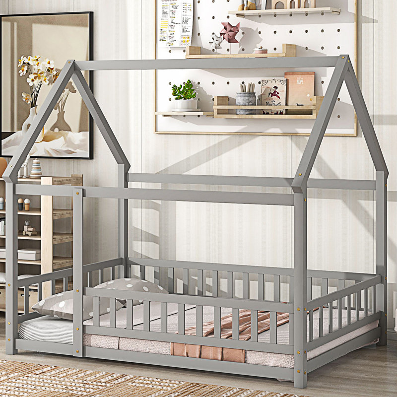 Lit de plancher avec cadre de toit de maison, gris