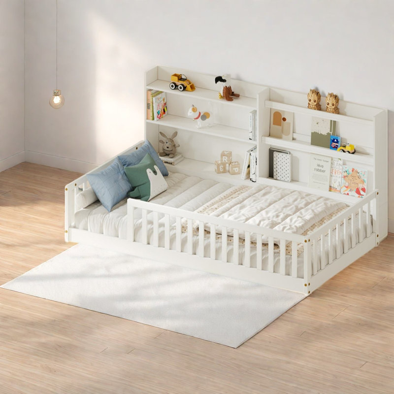Lits jumeaux Montessori avec bibliothèque de rangement, pin massif, blanc, chambre d'enfant moderne, Blanc
