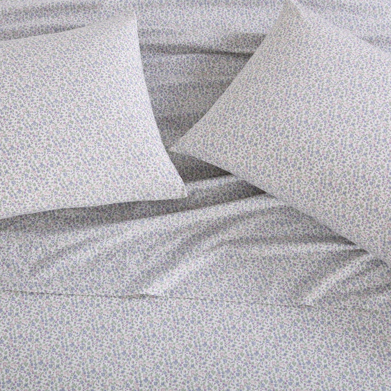 King White Cotton Percale Sheet Set with Floral Print