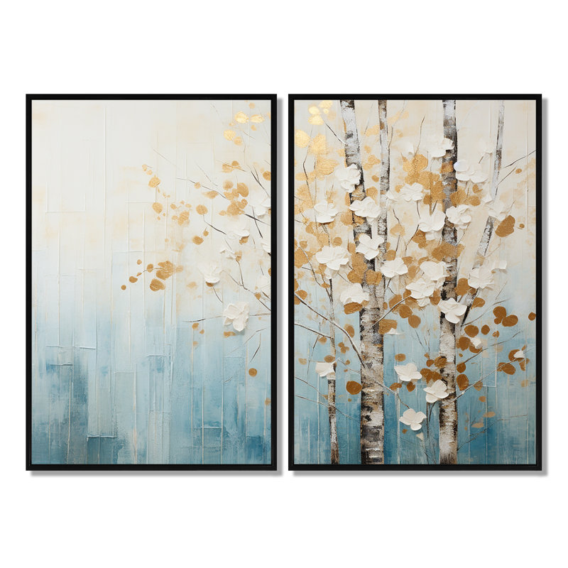Minimalisme bleu et forêt dorée I - art mural traditionnel beige 2 panneaux, H 36 po x l 48 po, Impression encadrée flottante