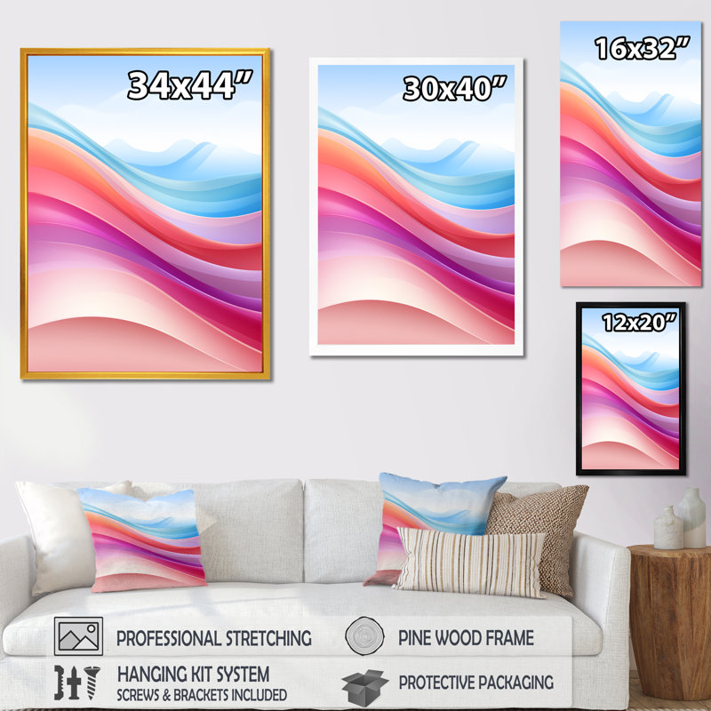 «Blue and Light Pink Abstract Waves - Abstract Shapes», art mural sur toile, Cadre flottant doré, H 20 po x l 12 po x P 1 po
