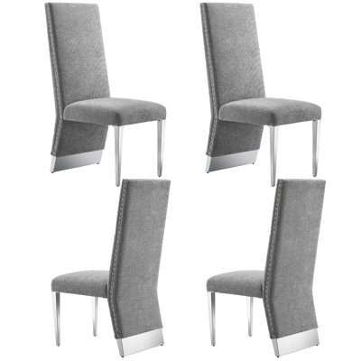 Ensemble de 4 chaises de salle à manger, chaises de salle à manger rembourrées en velours gris de luxe avec pieds en acier inoxydable argenté poli, chaises de cuisine à haut dossier pour la cuisine de la salle à manger