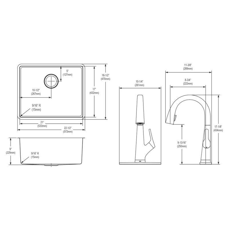23" L x 19" W Undermount Kitchen Sink with Faucet
