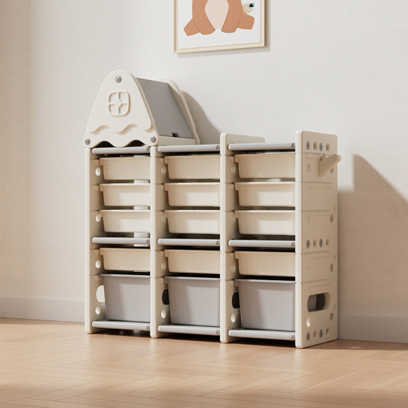 Kidkid 5 Tier Plastic Toy Storage Organizer with 15 Pull-Out Bins and Roof Top