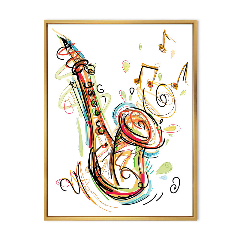 Musique, saxophone, dessin abstrait II - peinture, H 20 po x l 12 po x P 1 po, Cadre flottant doré