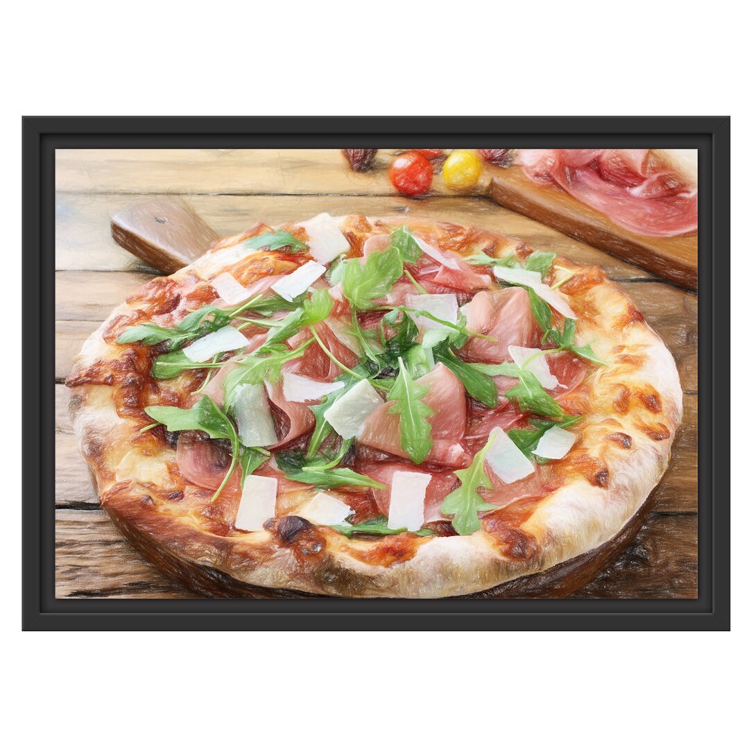 Gerahmtes Wandbild Prosciutto Pizza auf Holztisch