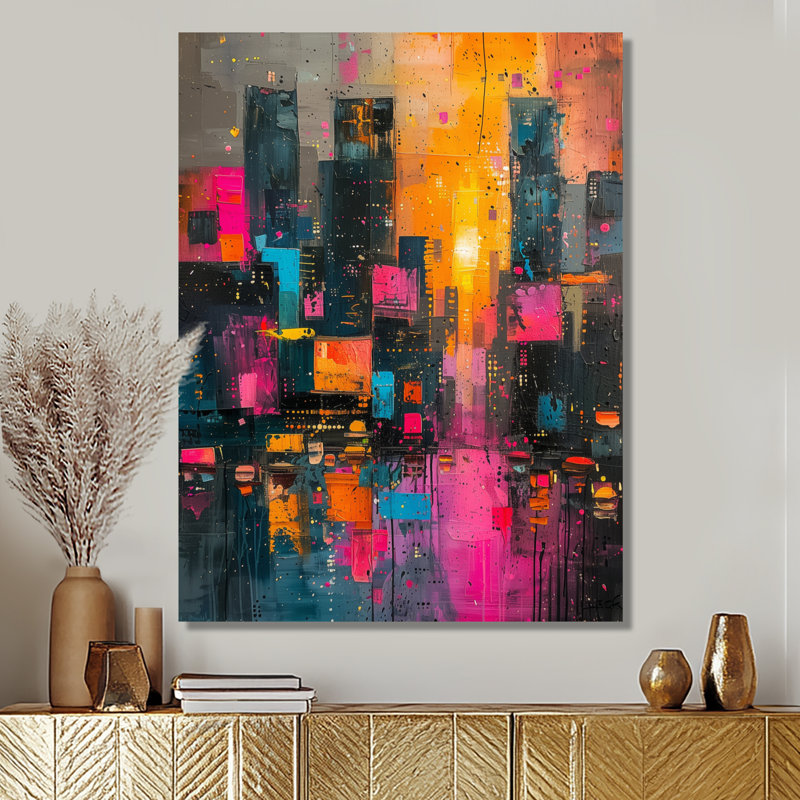 Édifices muraux de luxe urbain rose et noir - Bâtiments de ville, art mural, H 12 po x l 20 po, Toile tendue