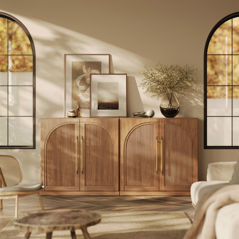 Set of 2 Modular Sideboard with Double-Arc Wood Doors, Camel, Camel